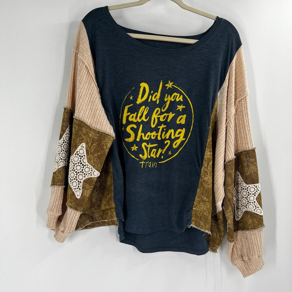 Upcycled Boho Star Train Graphic Oversized Balloon Sleeve One Size Top - Picture 2 of 10